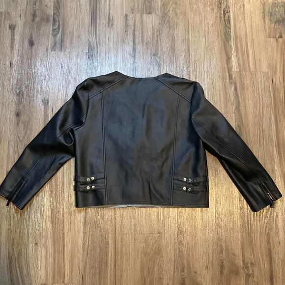 Michael Kors Womens Size XL Black Faux Leather Moto Jacket Coat‎ Lined Pockets - Picture 8 of 12